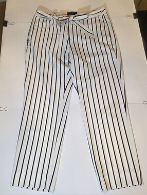 Banana Republic White Trousers with Black Vertical Stripes and Tie Waist